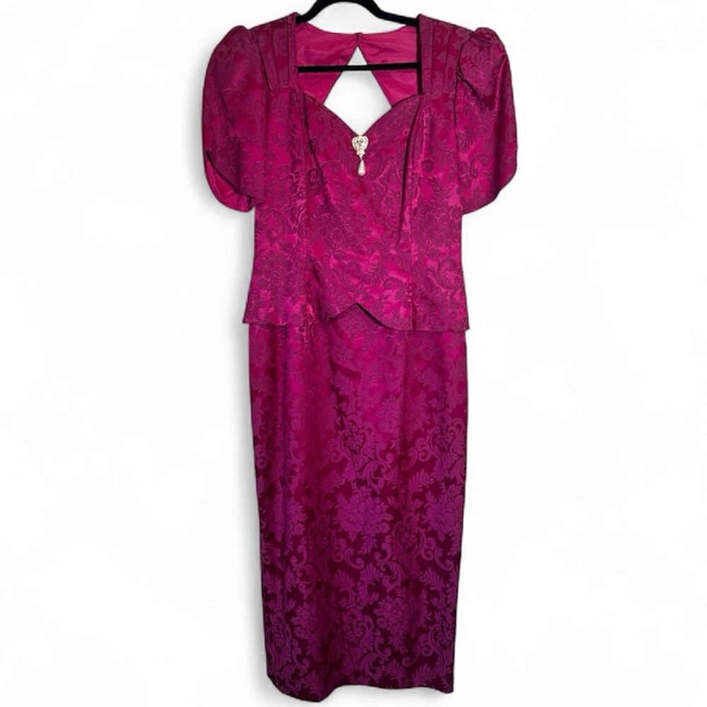 Vintage Jessica McClintock Burgundy Brocade Peplum Midi Dress Womens 11/12 80s